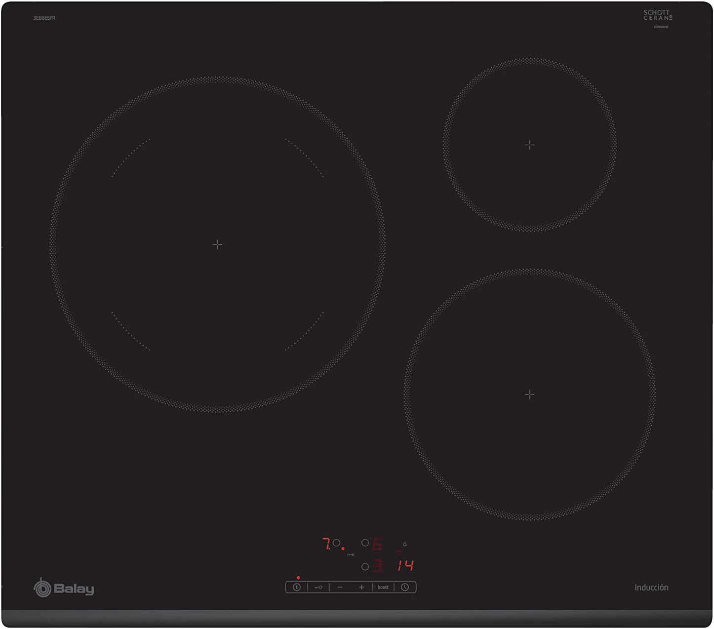 Balay 3EB865FR - Plaque à induction, largeur 60 cm, façade avant, 3 zones induction, zone biseautée 28 cm, commande tactile, noir
