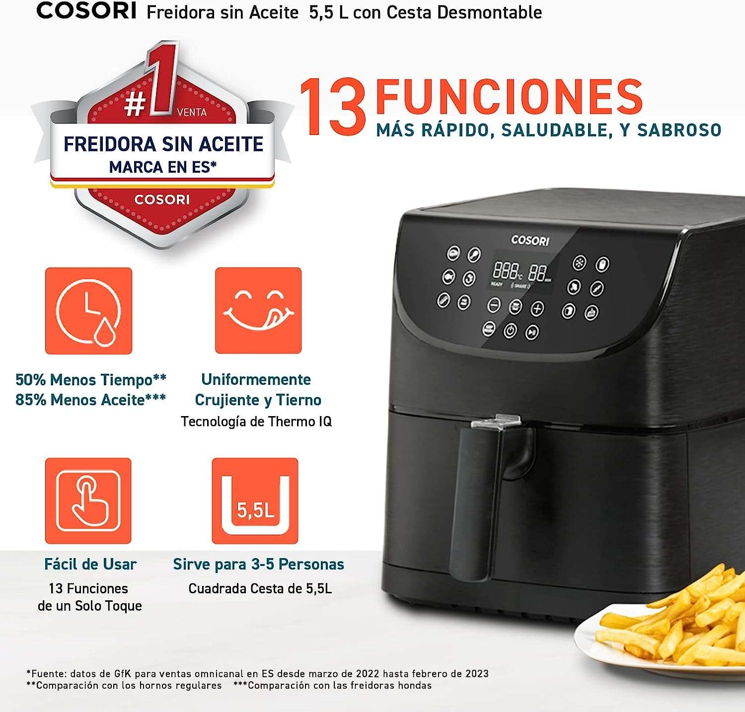 Freidora sin aceite Cosori Smart, Wi-Fi, 5,5 litros, con 13 programas, función mantener caliente, pantalla táctil LED, temporizador, libre de BPA y PFOA, 100 recetas, funciona con app, 1700 W