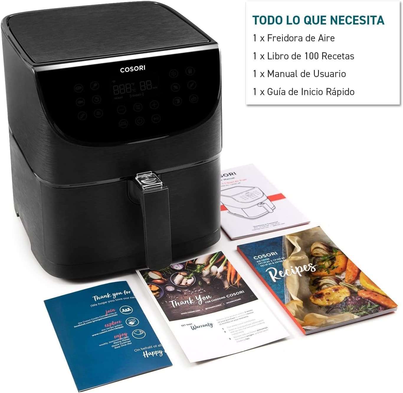 Freidora sin aceite Cosori Smart, Wi-Fi, 5,5 litros, con 13 programas, función mantener caliente, pantalla táctil LED, temporizador, libre de BPA y PFOA, 100 recetas, funciona con app, 1700 W