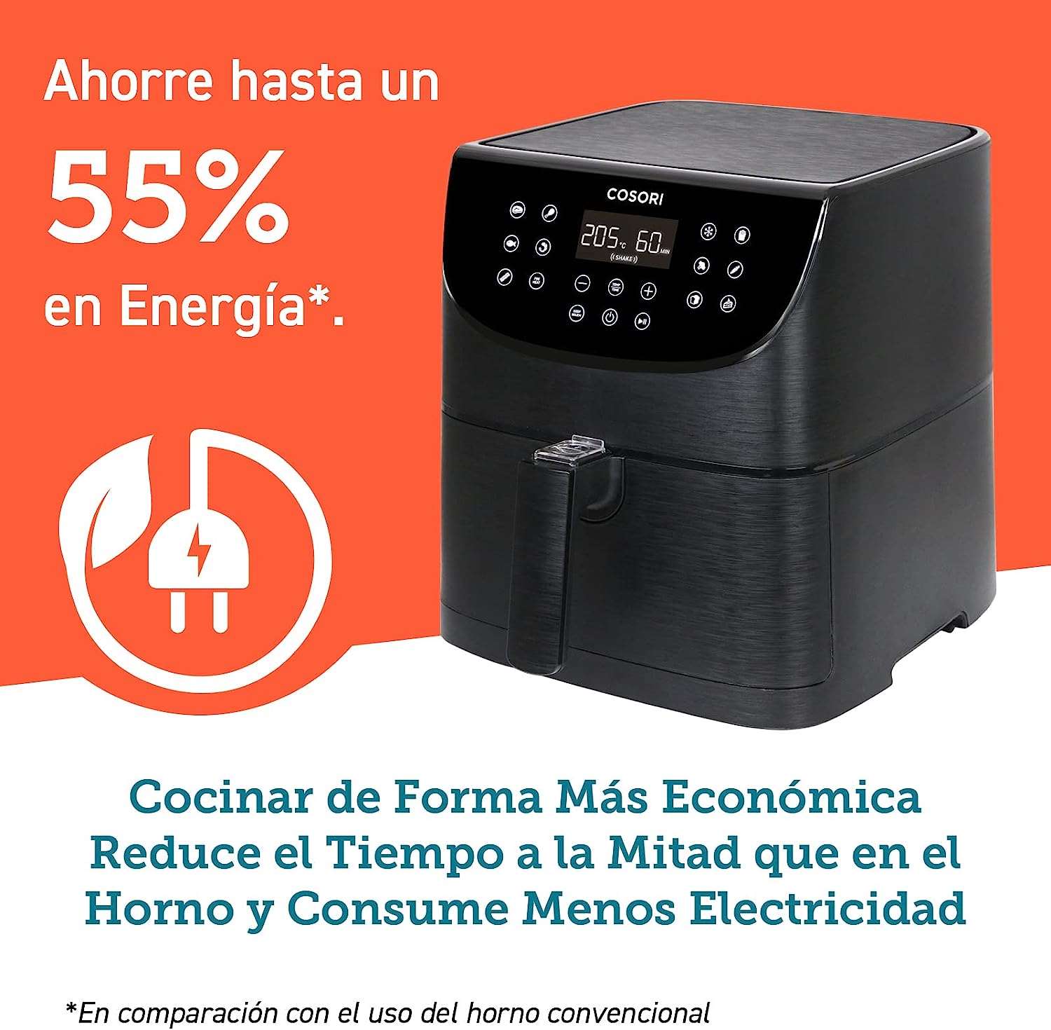 Freidora sin aceite Cosori Smart, Wi-Fi, 5,5 litros, con 13 programas, función mantener caliente, pantalla táctil LED, temporizador, libre de BPA y PFOA, 100 recetas, funciona con app, 1700 W