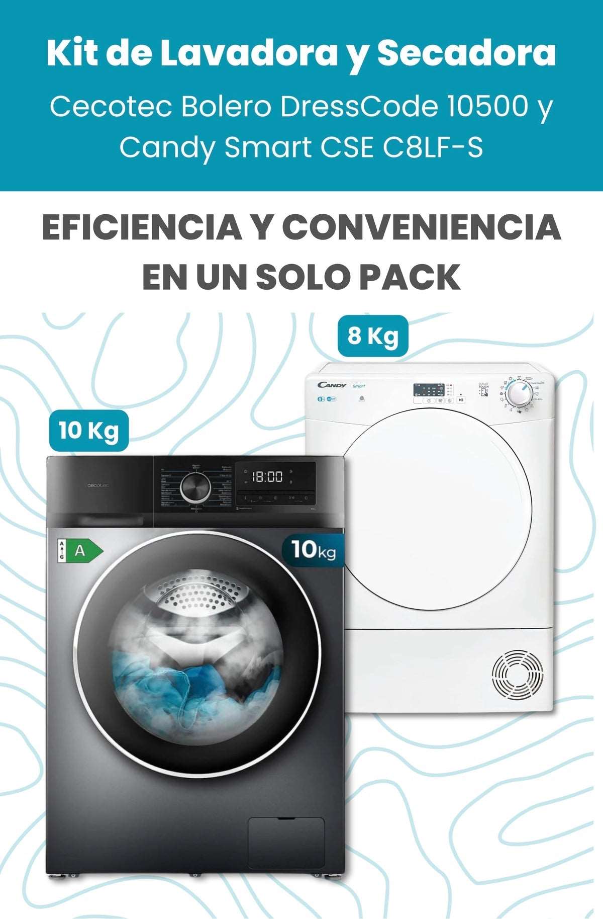 Kit Lavadora Cecotec 10KG y Secadora Candy Smart 8KG